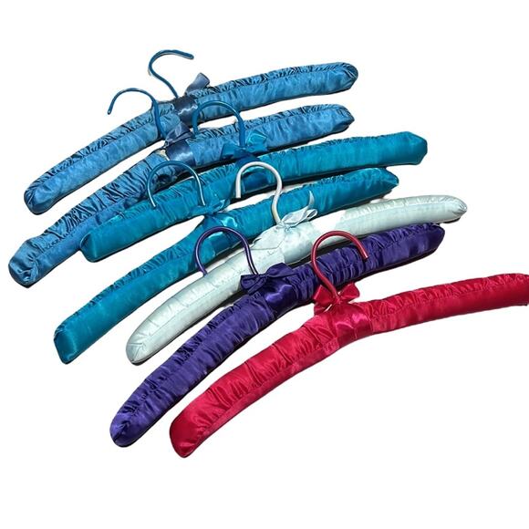 Satin Wrapped Cushioned Jeweltone Blue Teal Red Purple Vintage Hangers Set of 7 - Picture 3 of 3